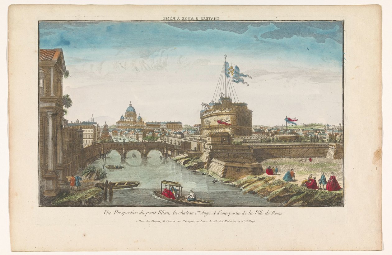 Kilátás az Angyalvárra és a Tiberis folyón átívelő Angyalhídra Rómában Chateau S Ange á Rome (cím a tárgyon) alkotó: Jacques Gabriel Huquier