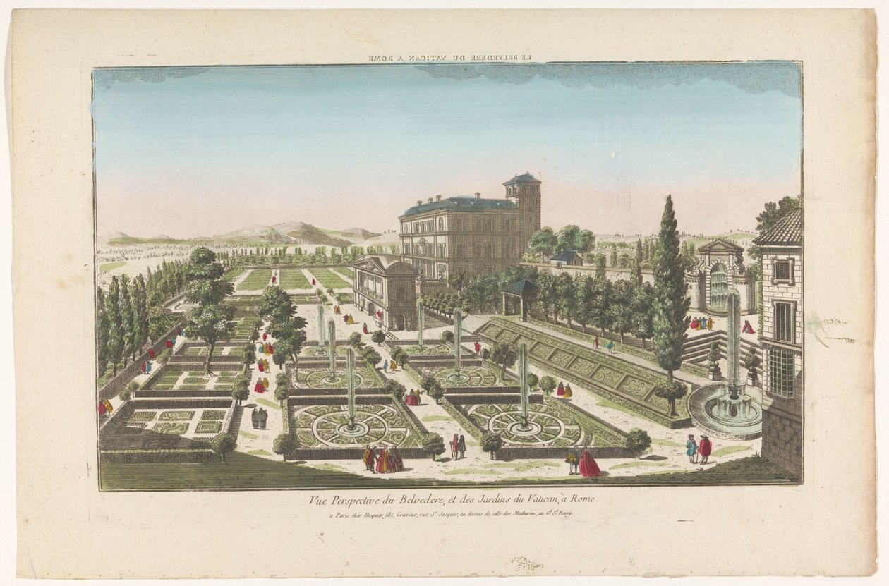 Kilátás a Giardini Vaticanira a Vatikánvárosban Le Belvedere du Vatican a Rome (cím a tárgyon) alkotó: Jacques Gabriel Huquier