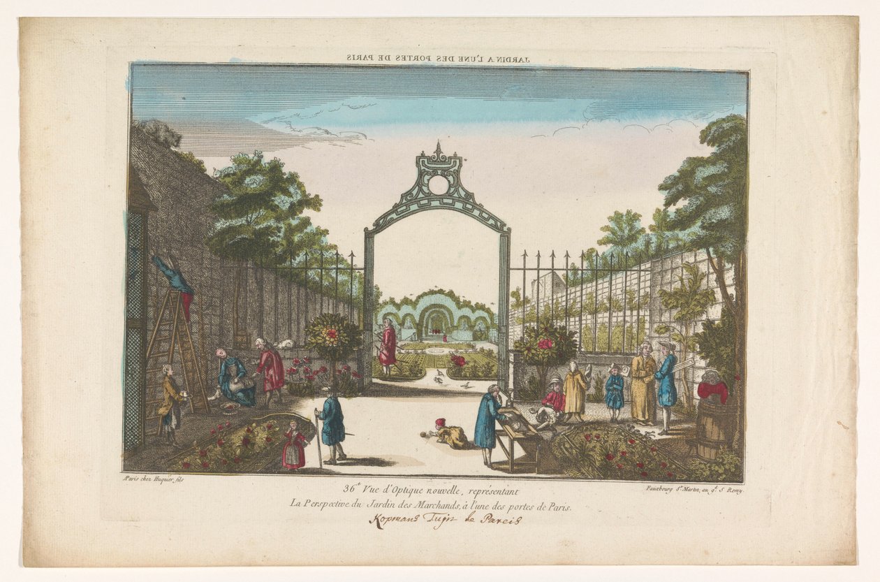 Gezicht op de Jardin des Marchands te Parijs Kert Párizs egyik kapujánál (cím a tárgyon) alkotó: Jacques Gabriel Huquier