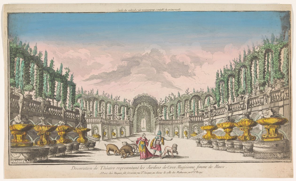 Kilátás Circe kertjére Decoration de theatre, reprezentatív les jardins de Circe (cím a tárgyon) alkotó: Jacques Gabriel Huquier