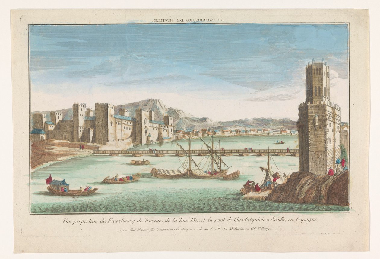 Kilátás a Triana kerületre, a Guadalquivir folyón átívelő hídra és a sevillai Torre del Oro-ra Le fauxbourg de Sevilla (cím a tárgyon) alkotó: Jacques Gabriel Huquier
