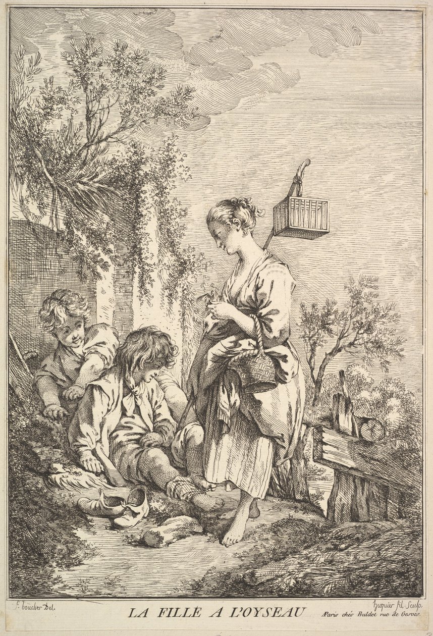 Lány madárral, 18. század közepe-vége. alkotó: Jacques Gabriel Huquier