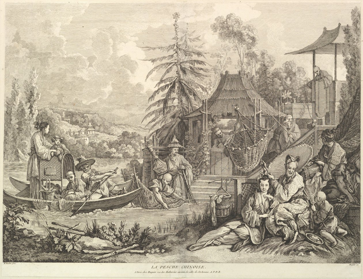 La pesche chinoise Chinese Fishing, a Chinoiseries-ből, 1743 után. alkotó: Jacques Gabriel Huquier