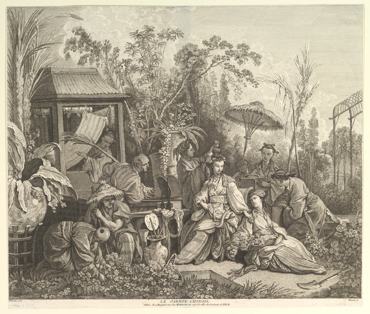 A kínai kert a Chinoiseries-ből, 1743 után. alkotó: Jacques Gabriel Huquier