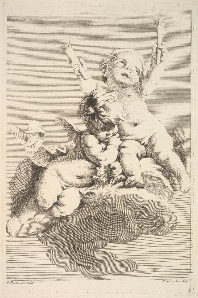Két Ámor, egy fáklyát tart, a 18. század közepe és vége. alkotó: Jacques Gabriel Huquier