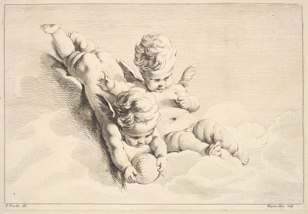 Két Ámor, egy labdát tart, a 18. század közepe és vége. alkotó: Jacques Gabriel Huquier