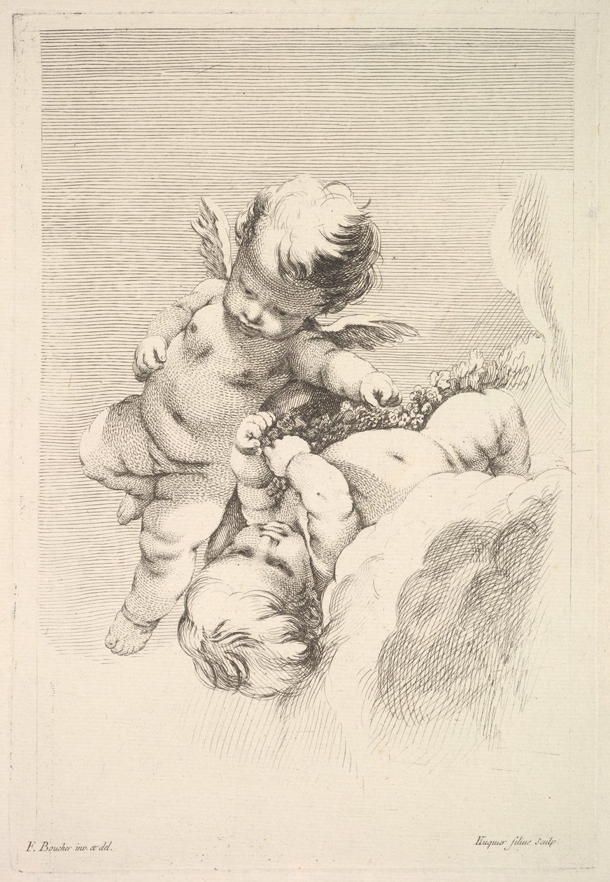 Két Ámor, egy koszorút tart, a 18. század közepe és vége. alkotó: Jacques Gabriel Huquier