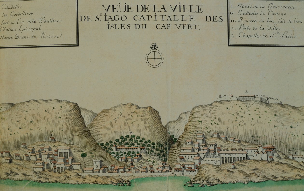 Saint Jago (Santiago) városa a Zöld-foki-szigeteken, akvarell a hajónaplóból, amelyet Jacques Gouin de Beauchesne, 1698 és 1701 között a déli tengerek hajóskapitánya vezetett. alkotó: Jacques Gouin de Beauchesne