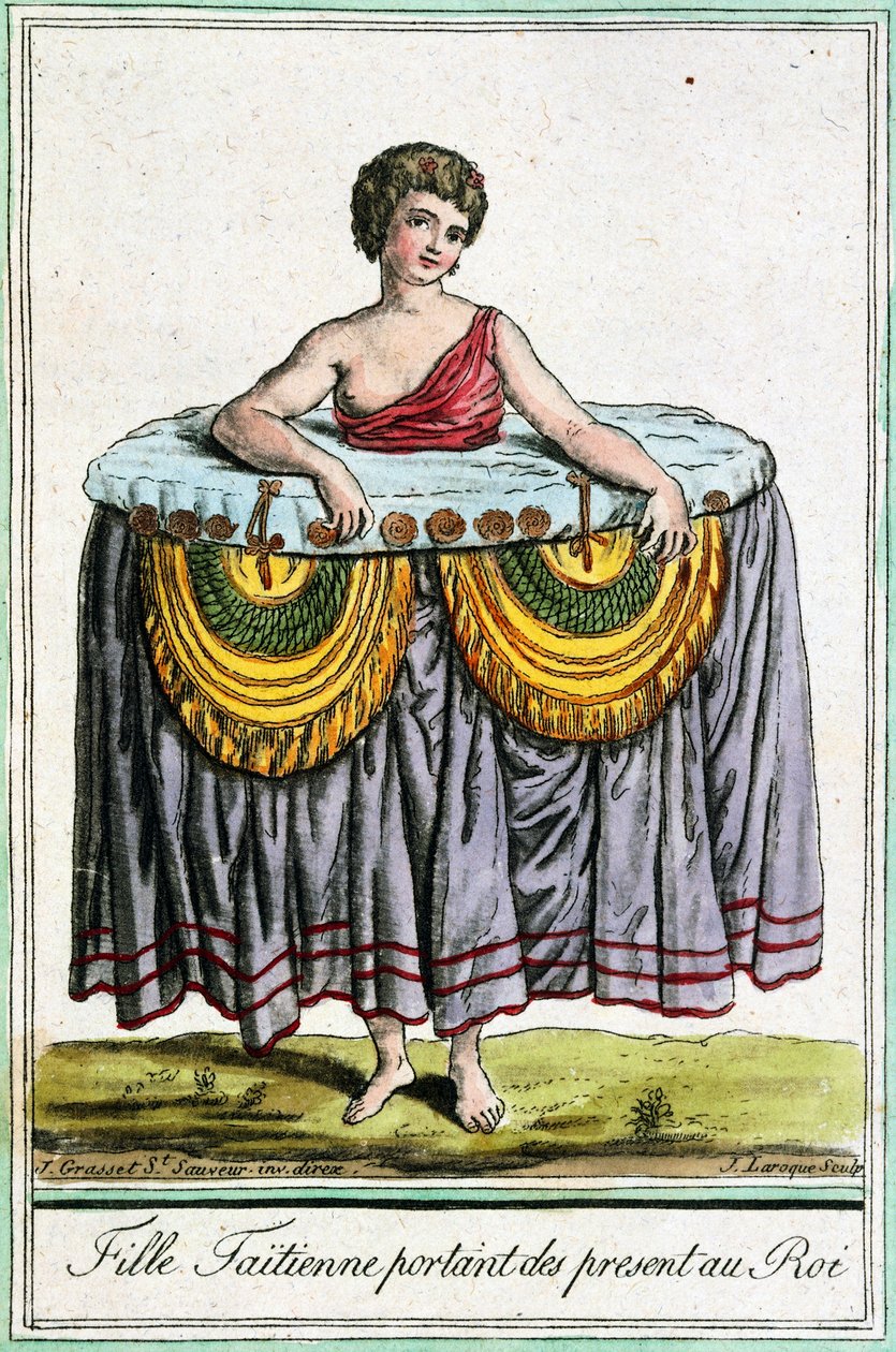 Fiatal nő ajándékokat ajánl a királynak, Tahiti, Society Islands, metszet az Encyclopedia of Voyagesből, Jacques Grasset de Saint-Sauveur (1757-1810) alkotó: Jacques Grasset de Saint Sauveur