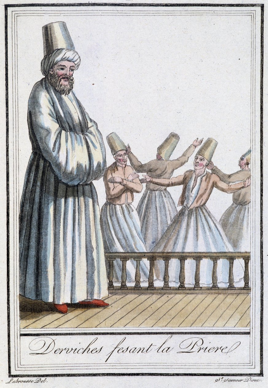 Imádkozó dervisek (örvénylő dervisek) – Grasset Saint Sauveur „” Encyclopédie des voyages” című kötetében, szerk. Párizs 1796 alkotó: Jacques Grasset de Saint Sauveur