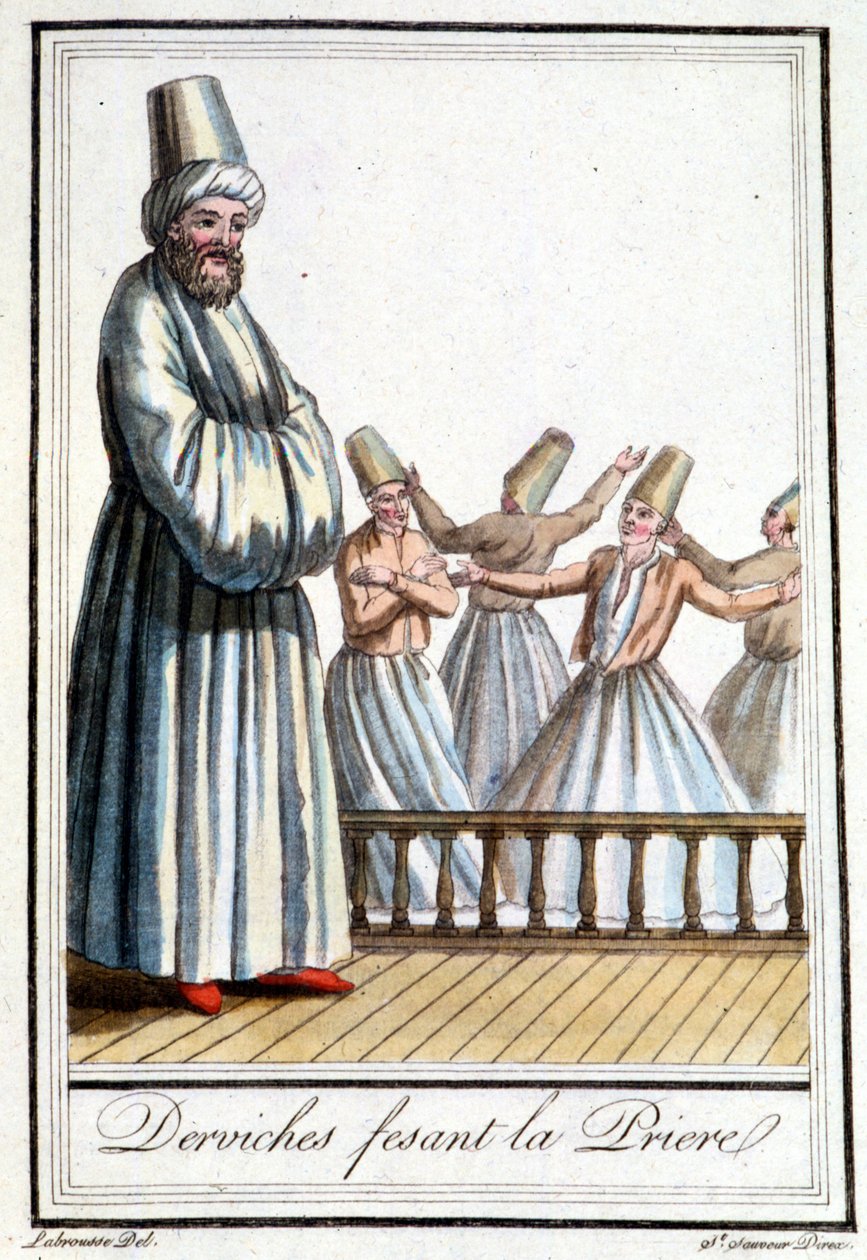 Imádkozó dervisek (örvénylő dervisek) – Grasset Saint Sauveur „” Encyclopédie des voyages” című kötetében, szerk. Párizs 1796 alkotó: Jacques Grasset de Saint Sauveur