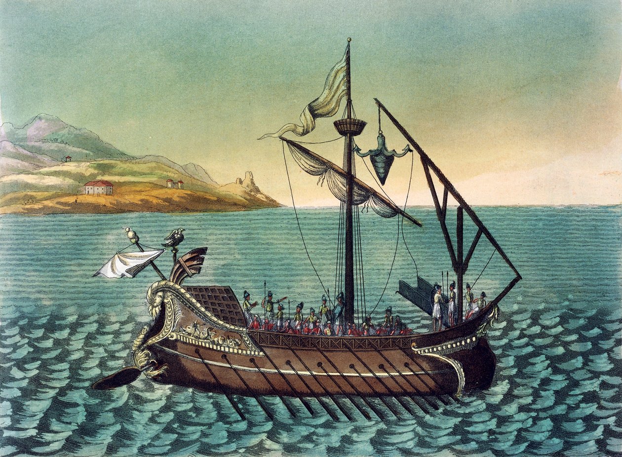 Duilius Corvus (beszállóeszköz) római gályaravas hadihajón, Jacques Grasset de Saint-Sauveur (1757-1810), metszet az ókori Rómából alkotó: Jacques Grasset de Saint Sauveur