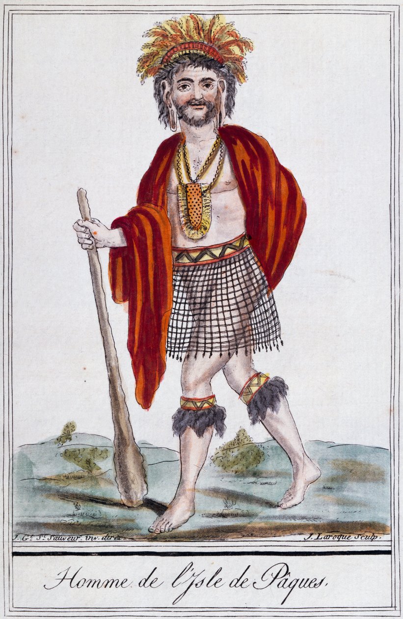 Húsvét-szigeti bennszülött, Laroque színes metszete, Polinézia alkotó: Jacques Grasset de Saint Sauveur
