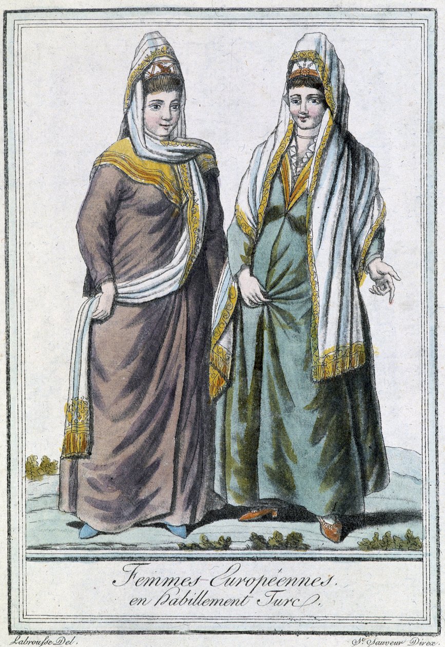Európai nők török ​​öltözékben – Grasset Saint Sauveur „” Encyclopédie des voyages” című kötetében, szerk. Párizs 1796 alkotó: Jacques Grasset de Saint Sauveur