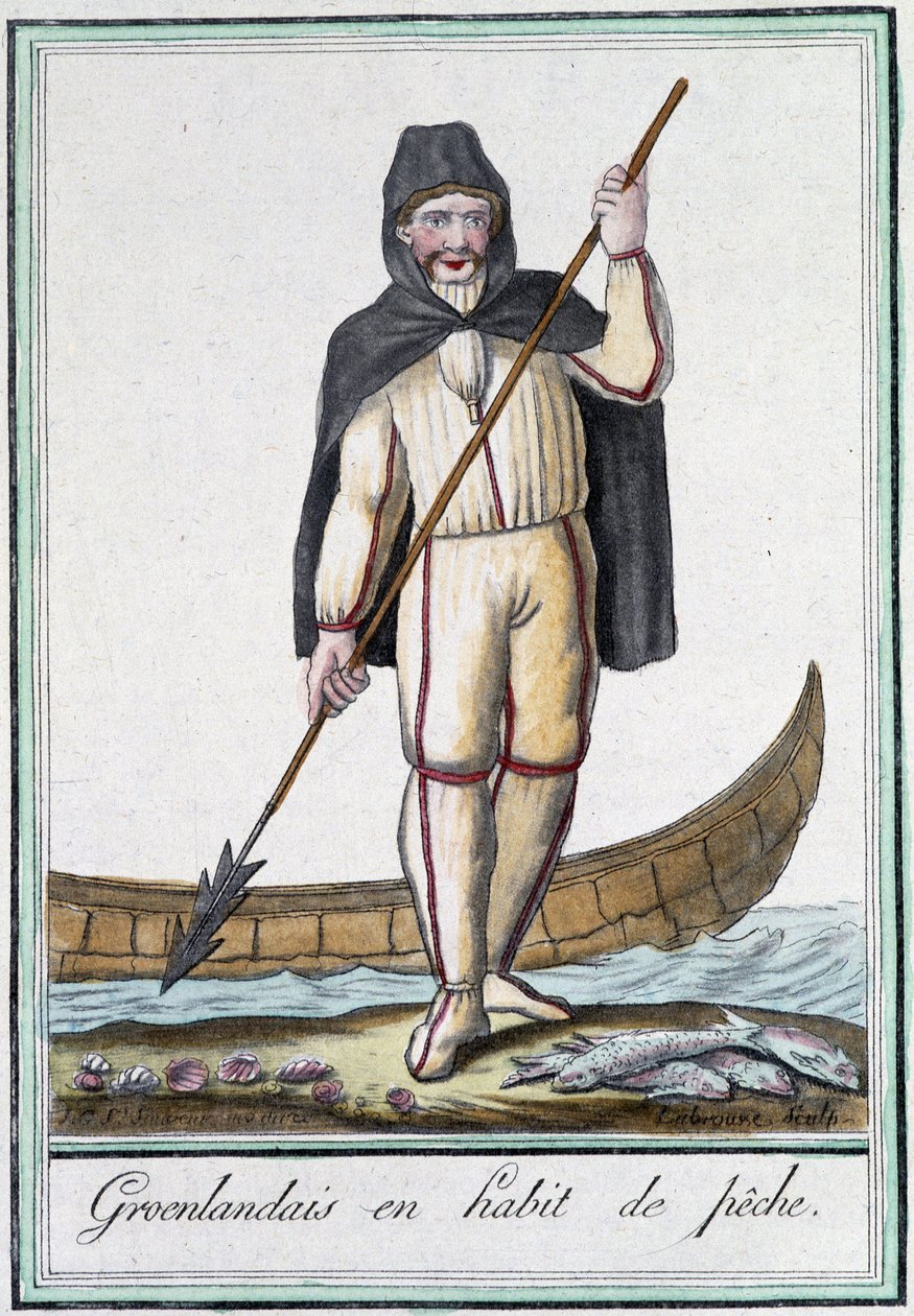 Grönlandiak halászfelszerelésben – Grasset Saint Sauveur „” Encyclopédie des voyages” című kötetében, szerk. Párizs 1796 alkotó: Jacques Grasset de Saint Sauveur