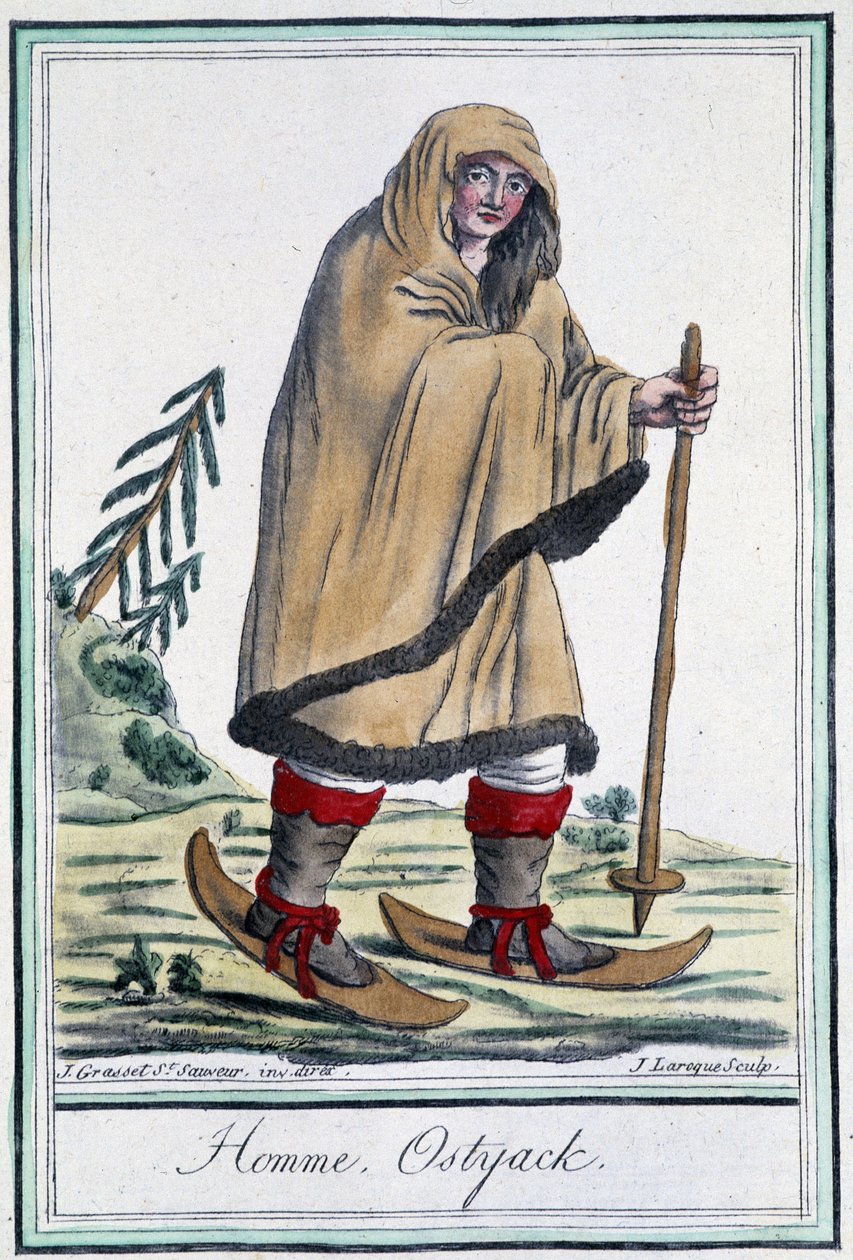 Ostyack férfi síléceken – Grasset Saint Sauveur „” Encyclopédie des voyages” című kötetében, szerk. Párizs 1796 alkotó: Jacques Grasset de Saint Sauveur