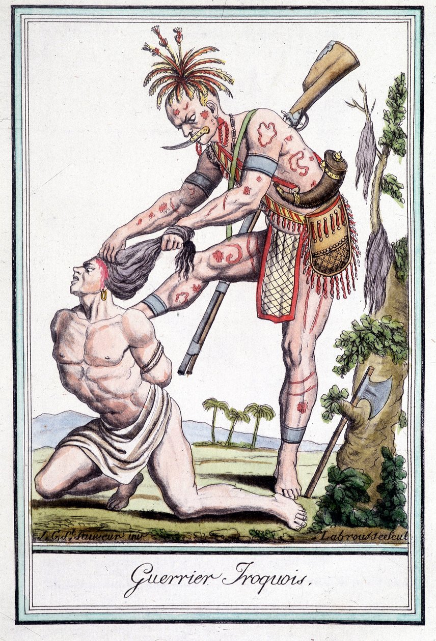 Irokéz harcos megskalpolja ellenségét – Grasset St Sauveur, Párizs „” Utazások enciklopédiájában” alkotó: Jacques Grasset de Saint Sauveur