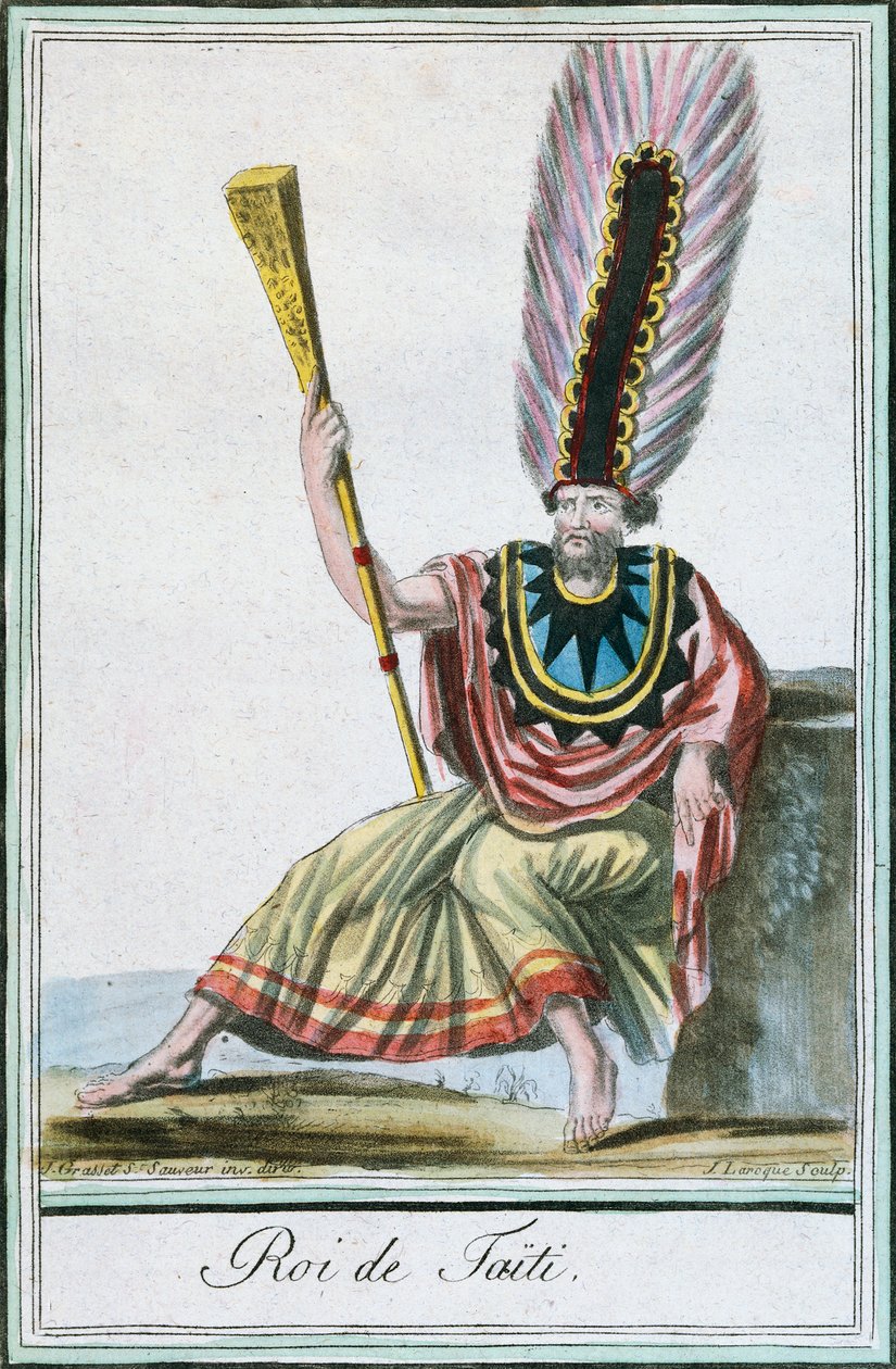 Tahiti királya, Society Islands, színes metszet Labrousse rajzából (aktív 1796) Jacques Grasset de Saint-Sauveur (1757-1810) Encyclopedie des Voyages című könyvéből alkotó: Jacques Grasset de Saint Sauveur