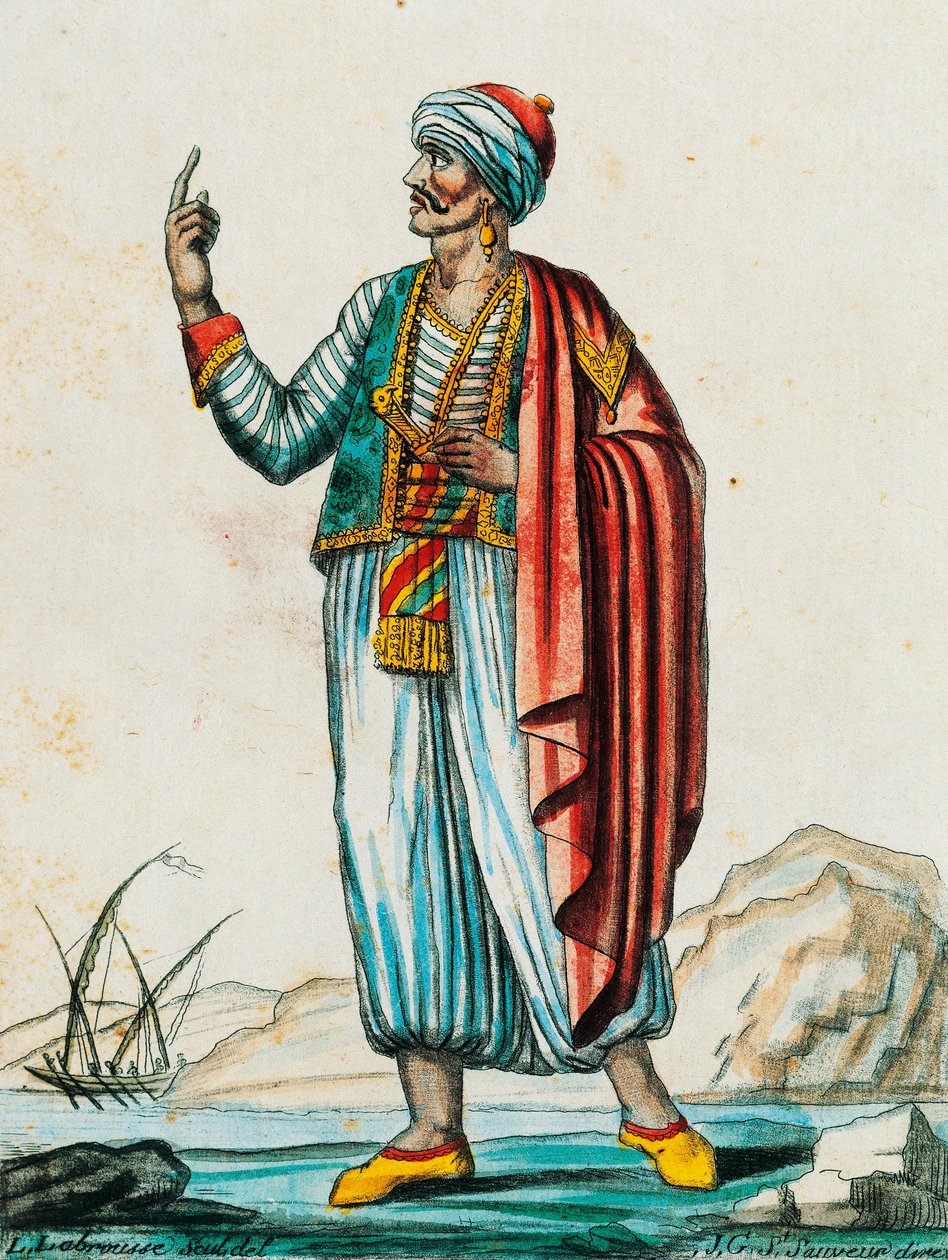 Férfi jelmez barbár és muszlim államokból, színes metszet Labrousse rajzából (aktív 1796), az Encyclopedie des Voyagesből, Jacques Grasset de Saint-Sauveur (1757-1810) alkotó: Jacques Grasset de Saint Sauveur