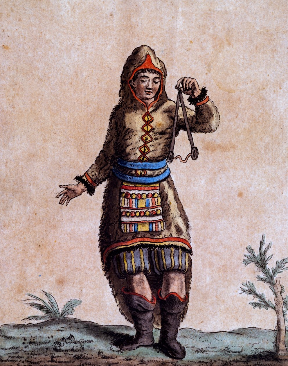 Hudson-öbölbeli nő népviseletben, Laroque színes metszetével, az Encyclopedia of Voyagesből, Jacques Grasset de Saint-Sauveur (1757-1810) alkotó: Jacques Grasset de Saint Sauveur