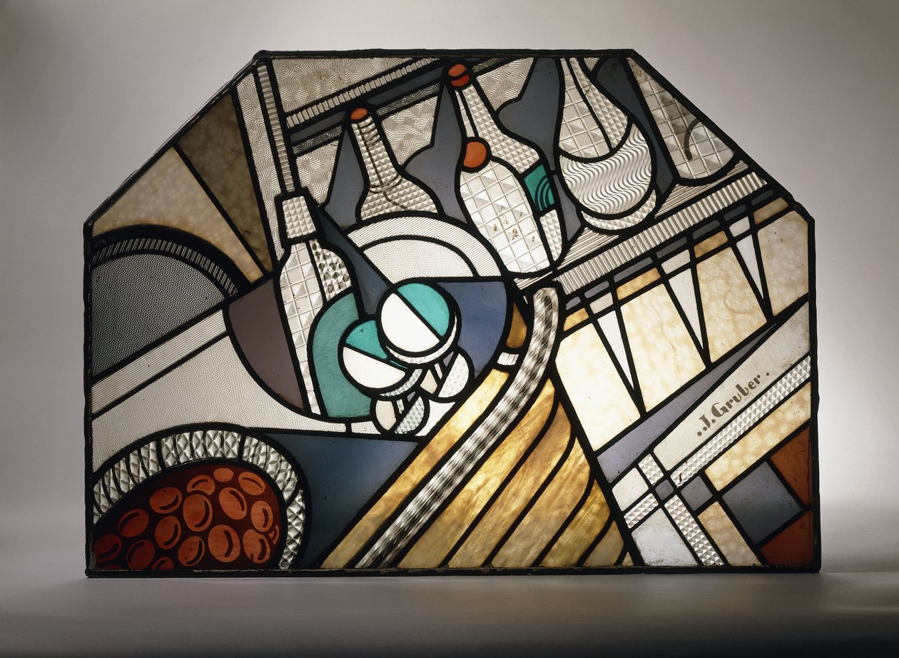 Egy koktélbárt ábrázoló Art Deco ólomüveg panel (ólmozott ólomüveg) alkotó: Jacques Gruber