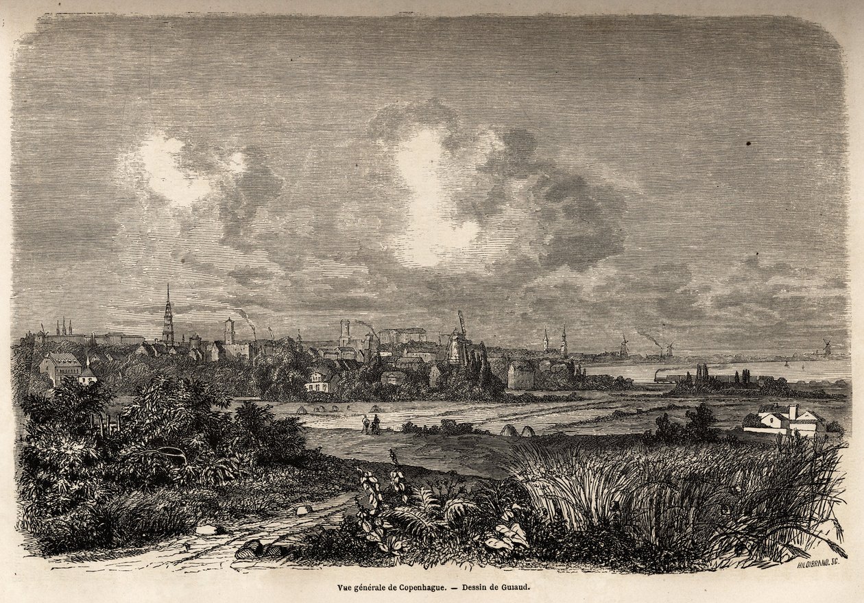 Koppenhága általános képe, Jacques Guiaud (1810-1876) rajza, J. M. Dargaud dániai utazásának (1800-1860) illusztrálására 1860-ban. Metszet a „” Le tour du monde” című könyvben, szerkesztette Edouard Charton alkotó: Jacques Guiaud