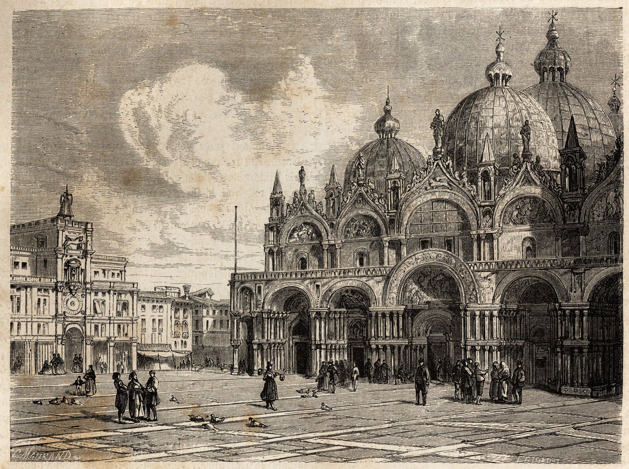A tér és a Szent Márk (Szent Márk) temploma, Jacques Guiaud (1810-1876) rajza, Adalbert de Beaumont 1850 körüli velencei útja szemléltetésére. Metszet a „Le tour du monde”-ban, szerkesztette Edouard Charton alkotó: Jacques Guiaud