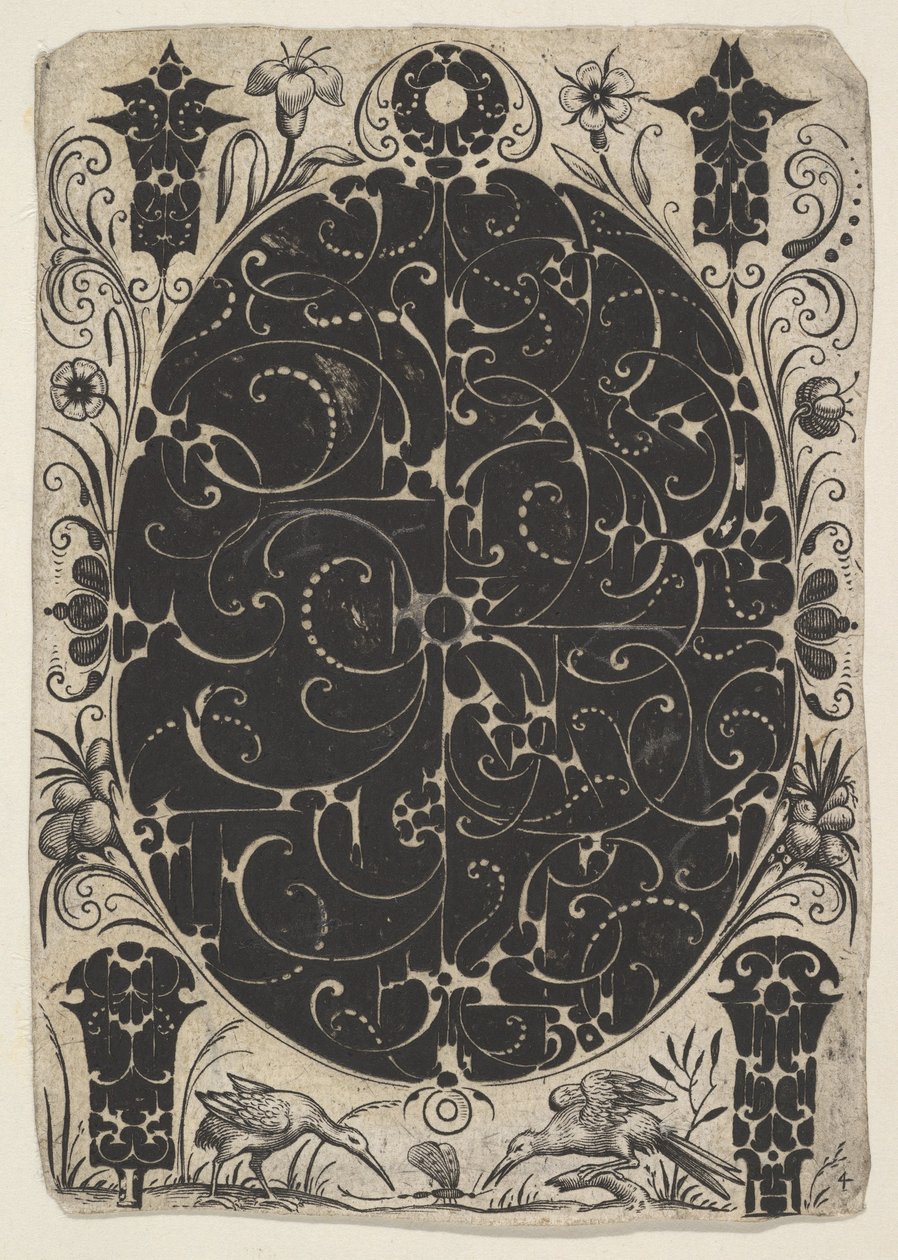 Schweifwerkkel díszített ovális tok két változatban, kisebb motívumokkal körülvéve..., kb. 1614-19. alkotó: Jacques Hurtu