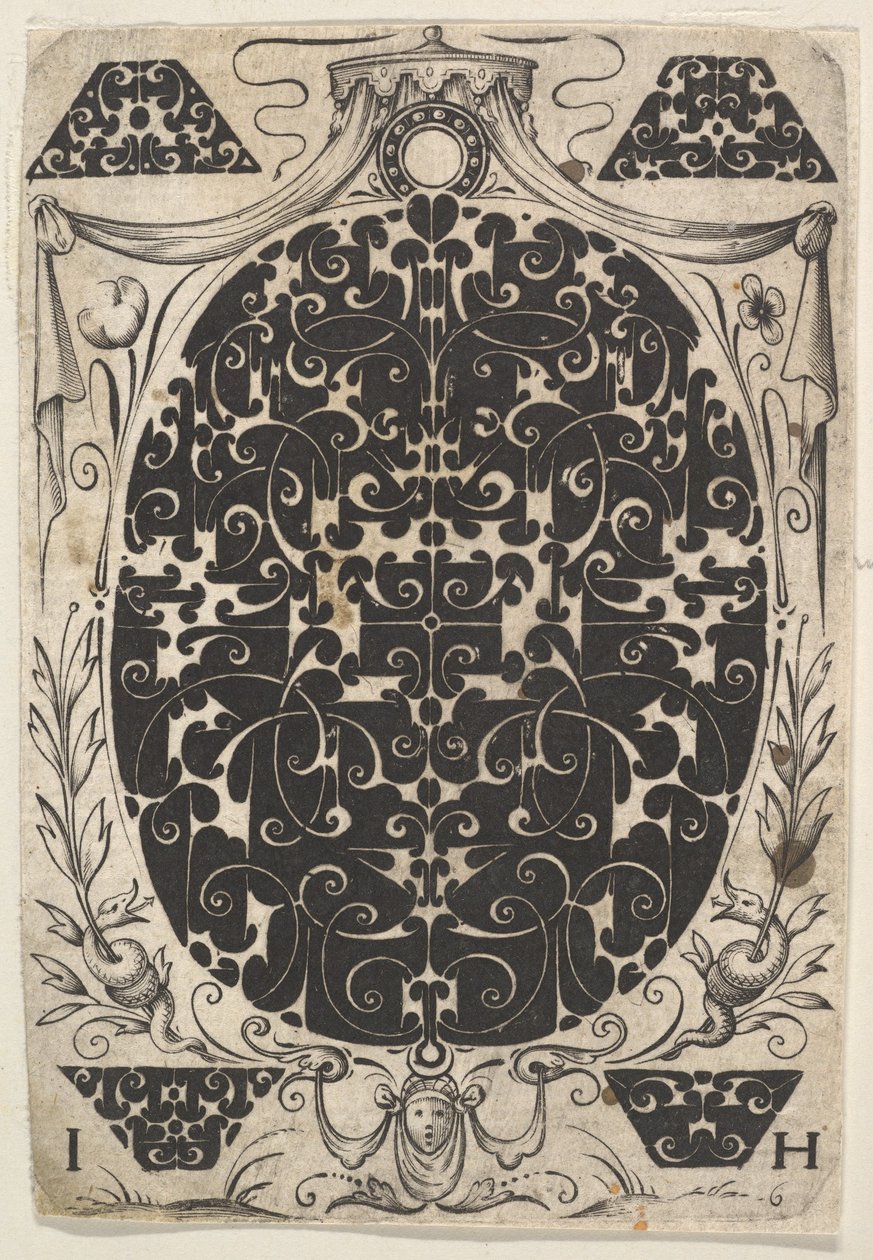 Ovális medál Schweifwerkkel díszítve, kisebb motívumokkal és koronás b..., kb. 1614-19. alkotó: Jacques Hurtu