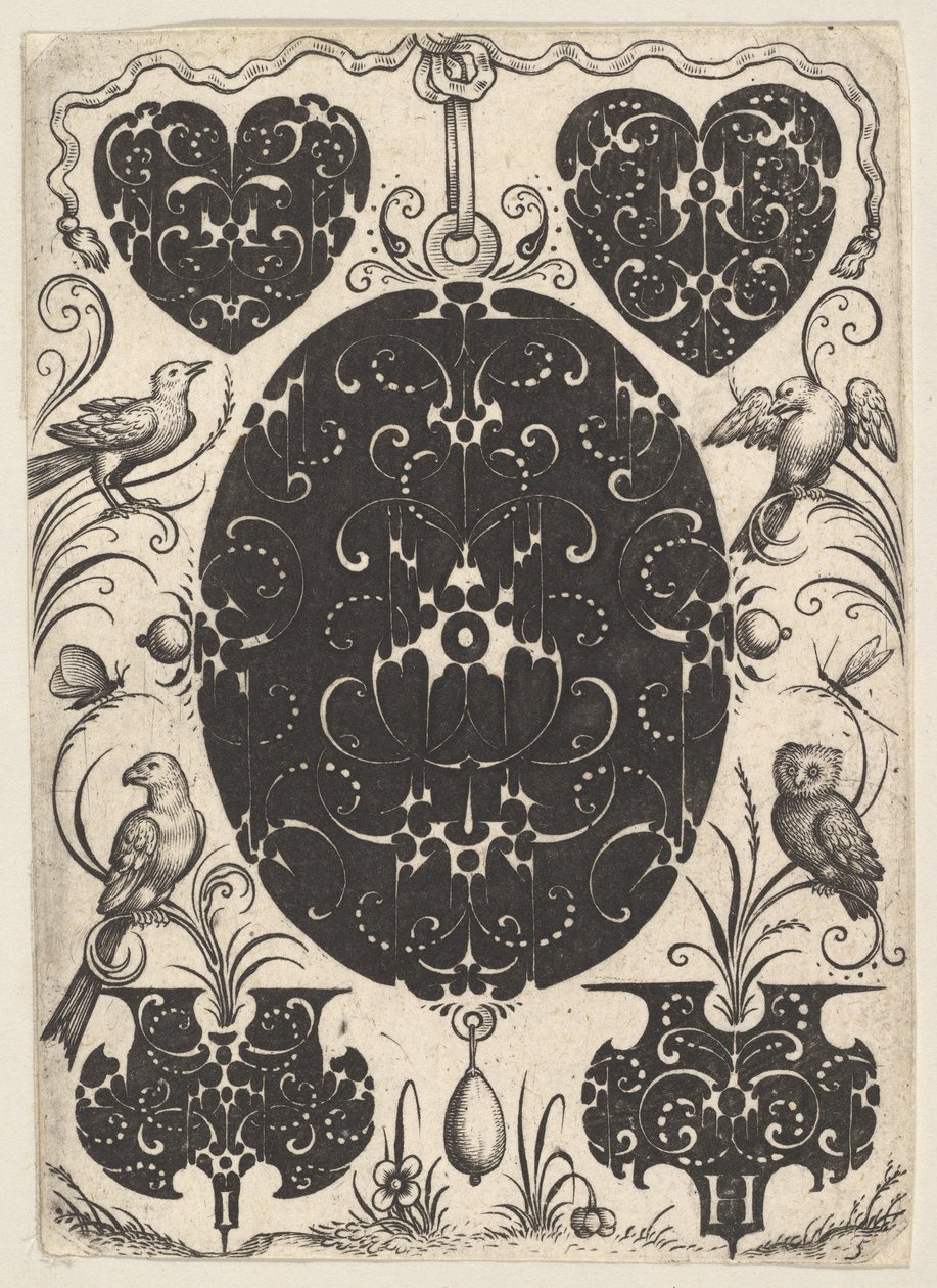Ovális medál Schweifwerkkel díszítve, kisebb motívumokkal és négy madárral körülvéve, kb. 1614-19. alkotó: Jacques Hurtu