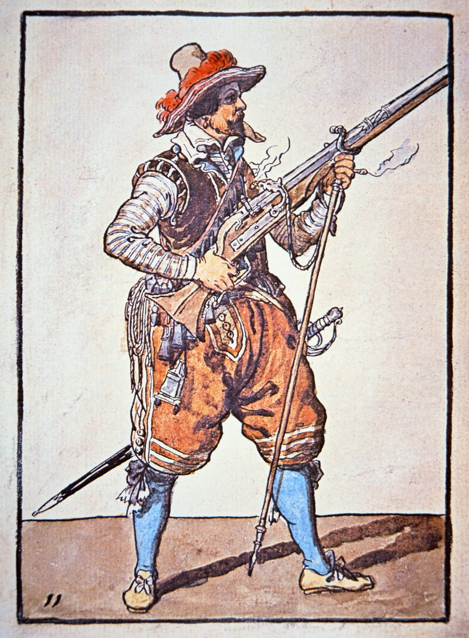 Gyufazár muskétával felfegyverzett Arquebusier, illusztráció a „Fegyverzeti kézikönyvből” alkotó: Jacques II de Gheyn