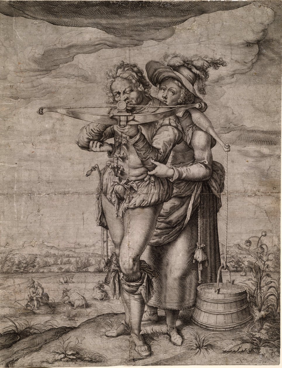 A számszeríjász és a tejeslány - A számszeríjász és a tejeslány - Gheyn, Jacques de, az ifjabb (Jacob De Gheyn II, dit le Jeune) (1565-1629) - c. 1610 - Rézmetszet - 39,3x30 - Magángyűjtemény alkotó: Jacques II de Gheyn