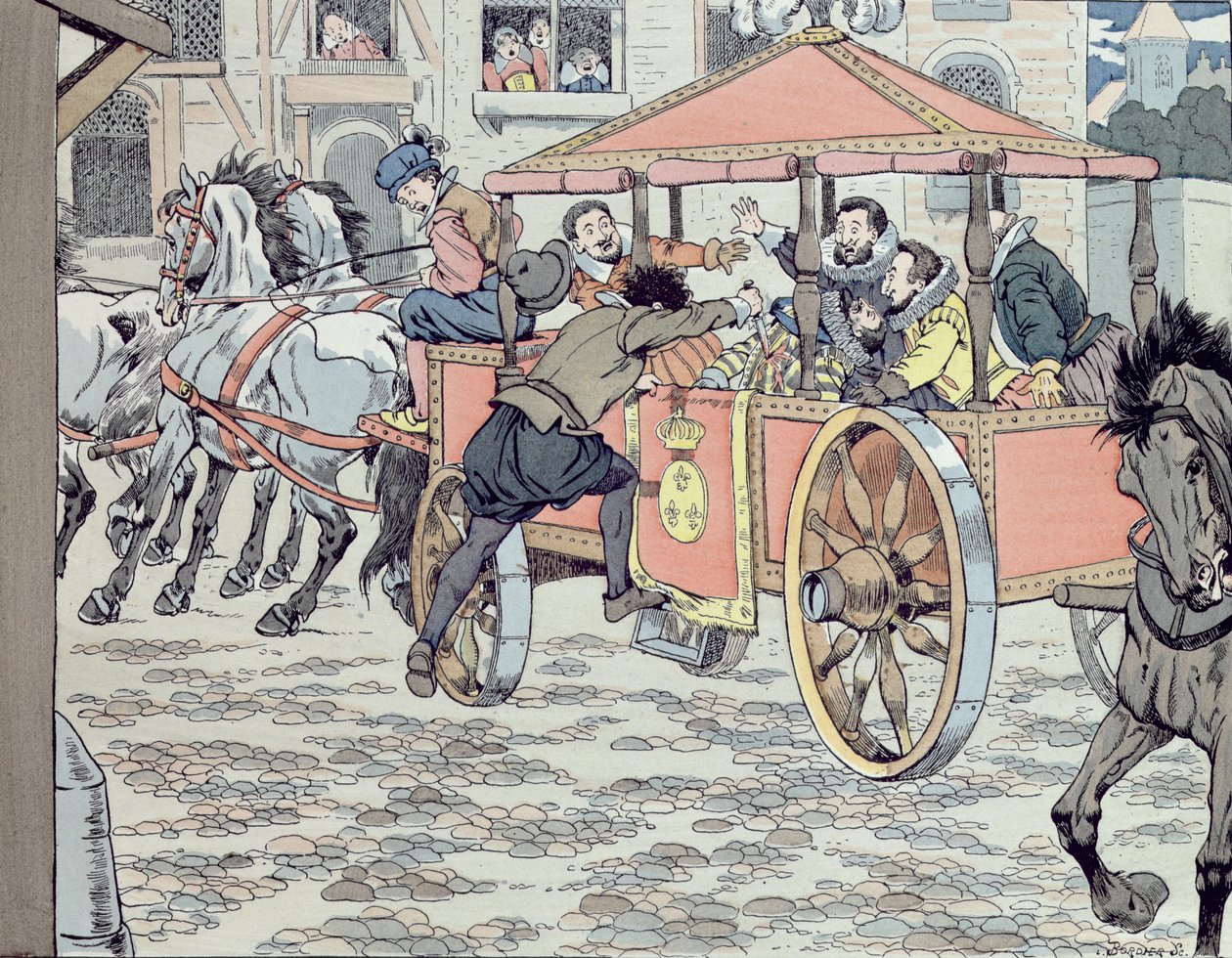 Henrik meggyilkolása Francois Ravaillac által a rue de la Ferronerie-n 1610. május 14-én, 1900 körül alkotó: Jacques Marie Gaston Onfray de Breville (Job)