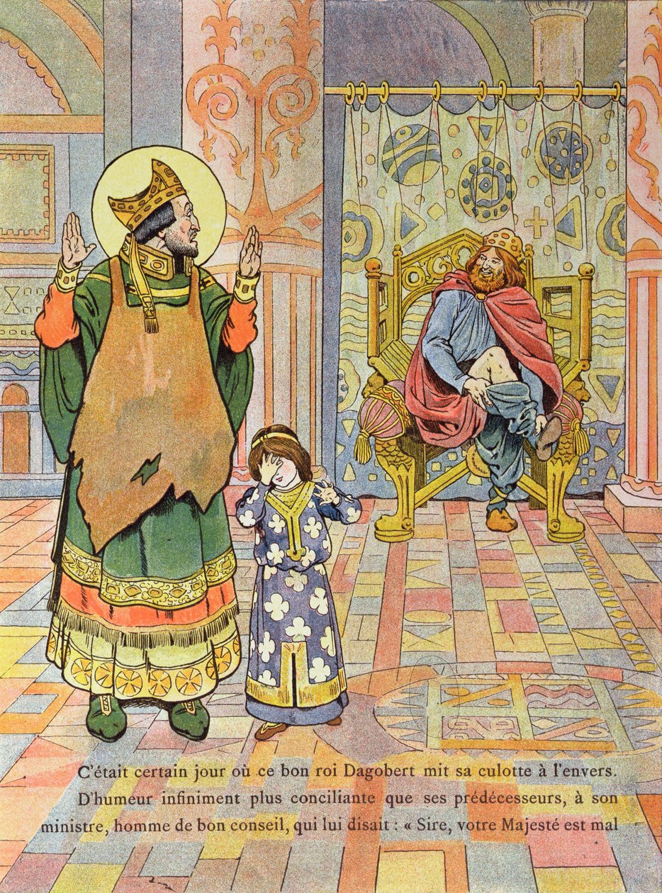 I. Dagobert király (603-39 körül) rossz irányba húzza fel nadrágját, illusztráció G. Montorgueil „Franciaország, fia története” című könyvéből, 1910 körül alkotó: Jacques Marie Gaston Onfray de Breville (Job)