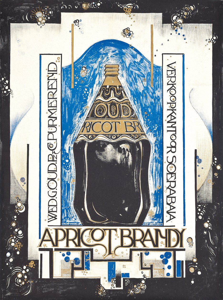 Sárgabarackpálinkát reklámozó plakát, Oud bor- és sherryárus számára, 1920 körül (színes litó) alkotó: Jacques Jongert