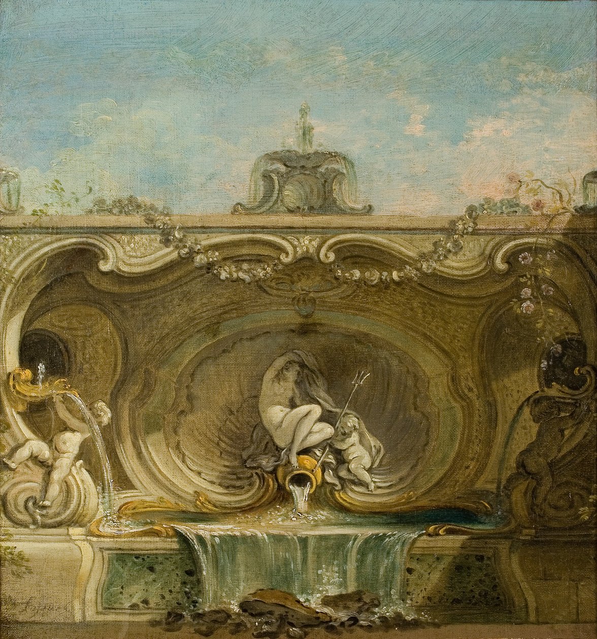 Szökőkút tervezése. Naiad és Putto, c. 1740. alkotó: Jacques Lajoue de