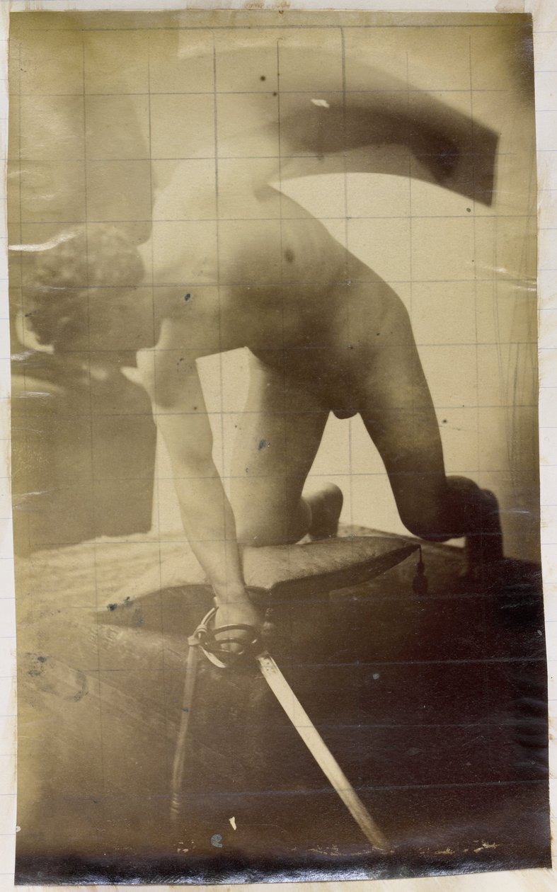 Tanulmányozás egy férfi aktmodellről, térden, karddal és pajzzsal a kezében, Jacques de Lalaing műhelyében alkotó: Jacques Lalaing (attributed to)