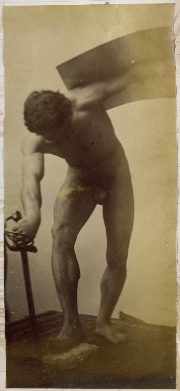 Tanulmány egy férfi meztelen modellről, aki hajlítva áll karddal és pajzzsal a kezében, Jacques de Lalaing stúdiójában alkotó: Jacques Lalaing (attributed to)