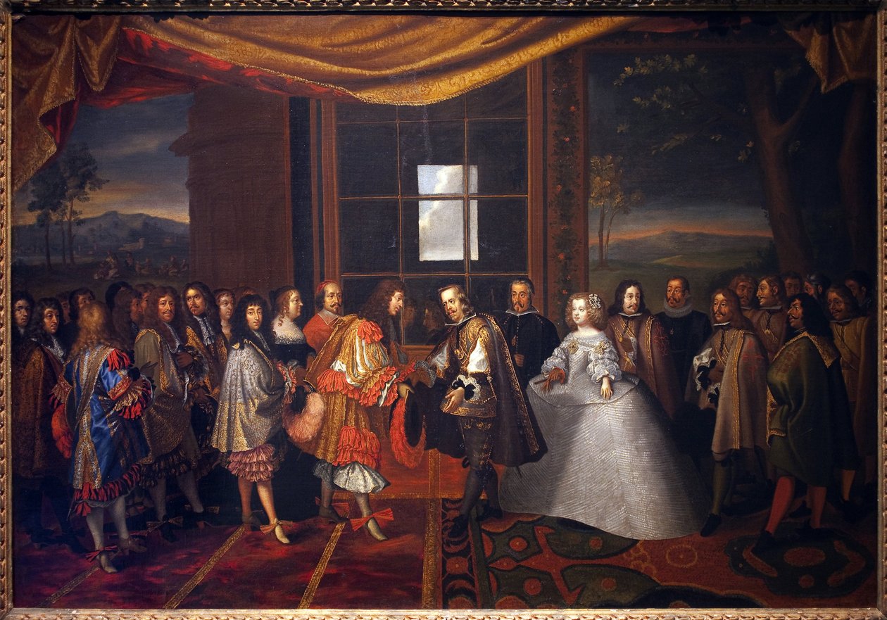 Harmincéves háború: „” Interjú XIV. Lajos francia királlyal (1638-1715) és IV. Fülöp spanyolországgal (1605-1665) Paisans szigetén 1659. 11. 7-én” Pireneusok. IV. Fülöp lánya, Marie Therese (Marie-Therese) alkotó: Jacques Laumosnier
