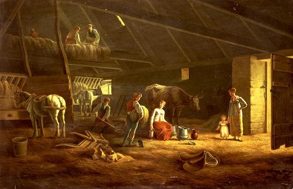 A tejeslány, a gazdálkodók és a szántó lovak egy pajtában alkotó: Jacques Laurent (circle of) Agasse
