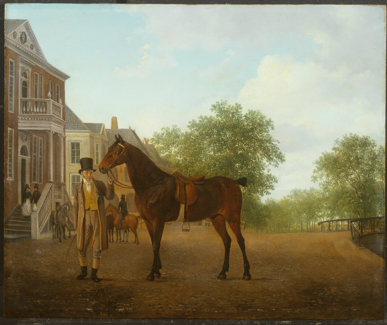 Egy úriember, aki egy felnyergelt lovat tart egy csatorna melletti utcában alkotó: Jacques Laurent Agasse