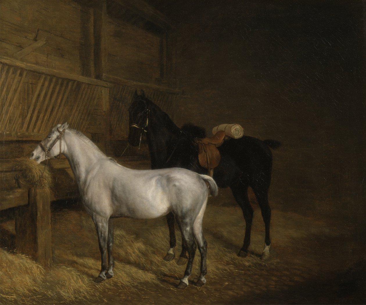 Egy szürke póni és egy fekete töltő istállóban (olaj, vászon) alkotó: Jacques Laurent Agasse