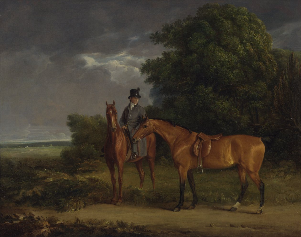 Egy vőlegény gesztenyevadászra ülve, egy Bay Huntert tart a gyeplőjénél (olaj, vászon) alkotó: Jacques Laurent Agasse