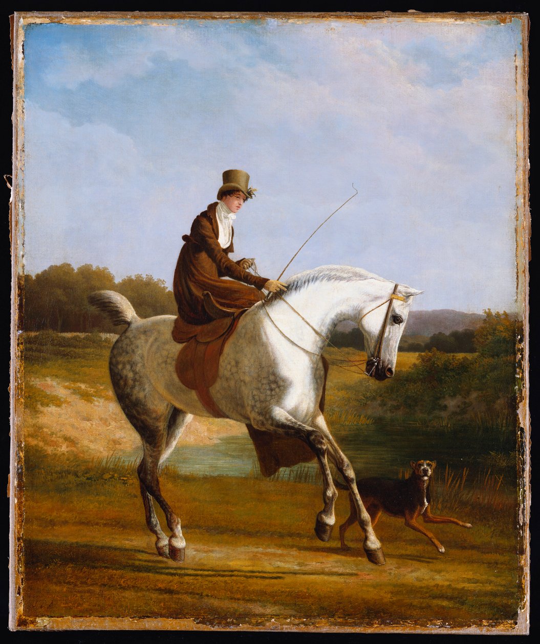 Miss Cazenove egy szürke vadászon, egy kutya mellett fut alkotó: Jacques Laurent Agasse