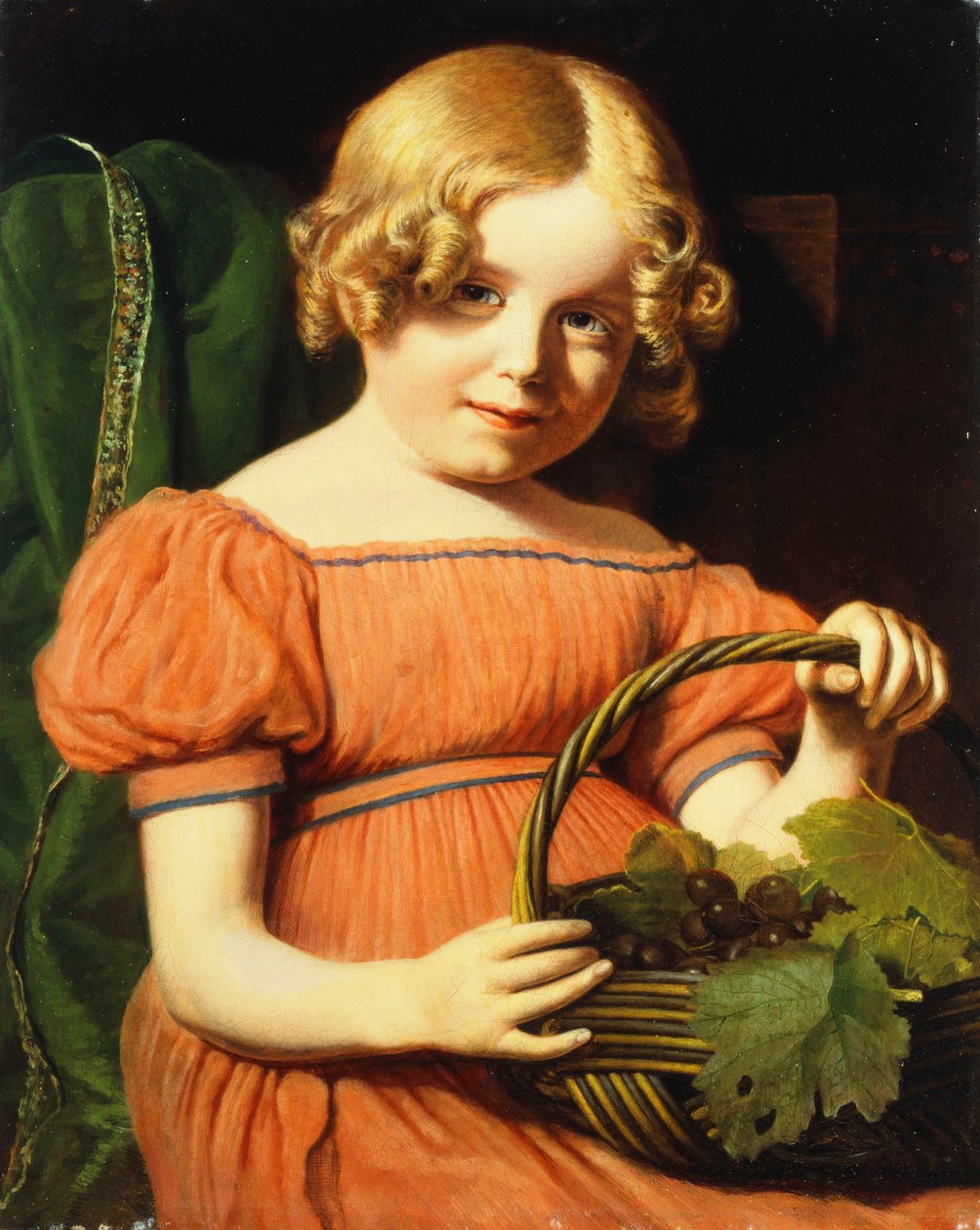Louisa Booth portréja félhosszúságban ülve, korall rózsaszín ruhában, kék zsinórral díszítve, és egy kosár szőlőt tart. alkotó: Jacques Laurent Agasse