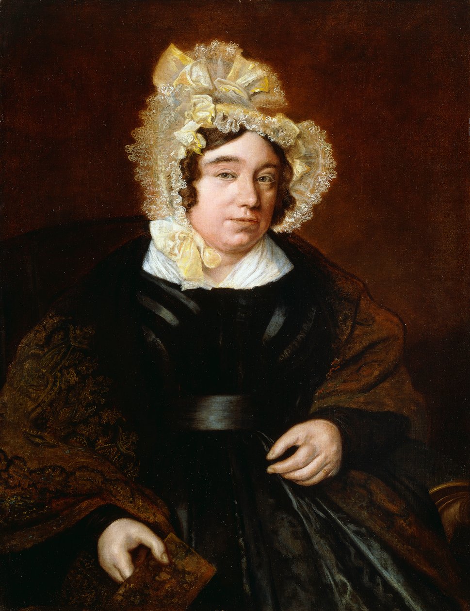 Mrs. Edward Cross portréja, félhosszában sötét szatén ruhában, Paisley kendővel, alkotó: Jacques Laurent Agasse