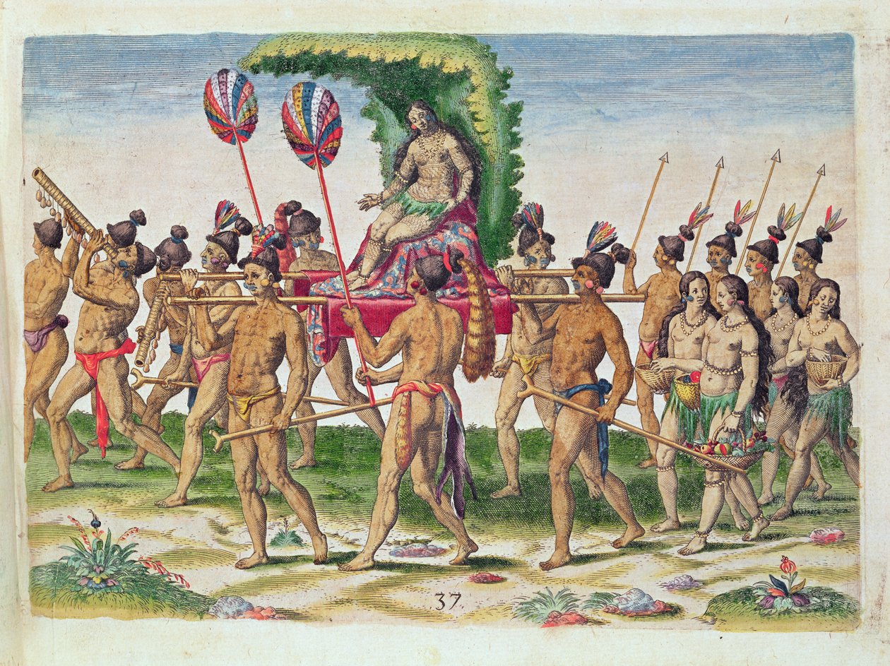 Egy menyasszonyt visznek a főnöknek, a „Brevis Narratio...”-ból, Theodore de Bry (1528-98) metszetében, Frankfurtban, 1591-ben (színes metszet) alkotó: Jacques Le Moyne