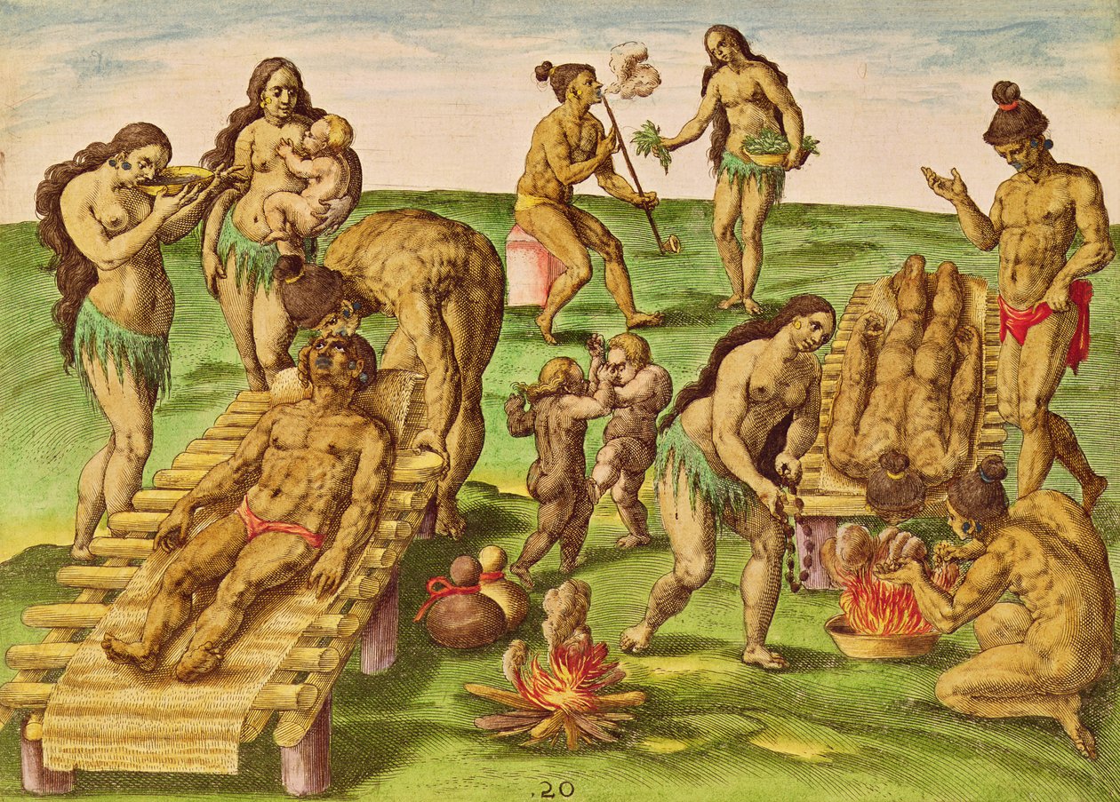 Theodore de Bry (1528-1598) metszete a „Brevis Narratio…” című művéből, hogyan kezelik az indiánok a betegségeiket, Frankfurtban, 1591. alkotó: Jacques Le Moyne