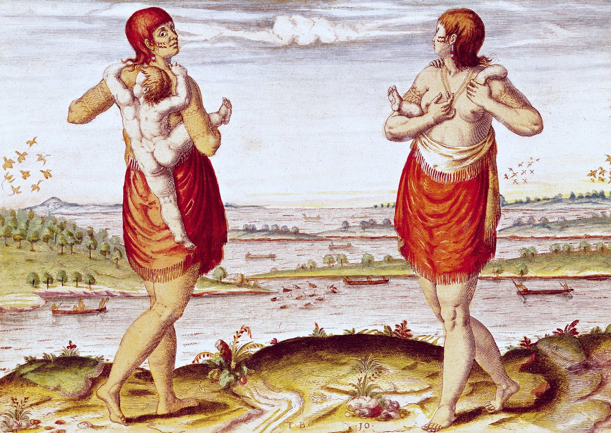 Hogyan hordják gyermekeiket a dasamonquepeuci nők, az „Admiranda Narratio…” című művéből, Theodore de Bry (1528-88) metszete, 1585-88 alkotó: Jacques Le Moyne