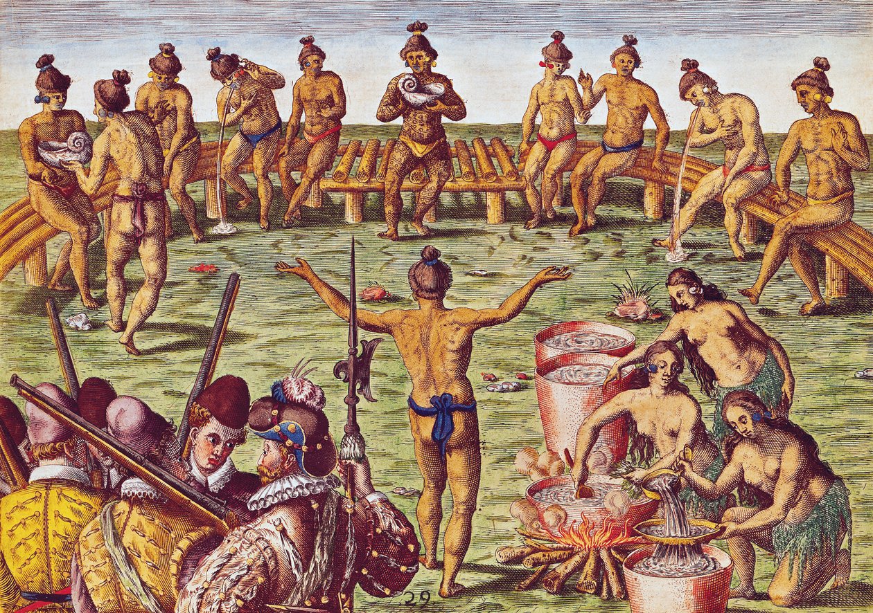 Theodore de Bry (1528-88) 1563-ban vésett „Brevis Narratio…”-ból, hogyan döntöttek Florida lakói fontos kérdésekben alkotó: Jacques Le Moyne